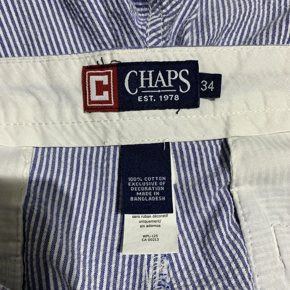 Chaps Shorts Mens 34 Seersucker Flat Front 100% Cotton Blue White Stripe‎ Casual